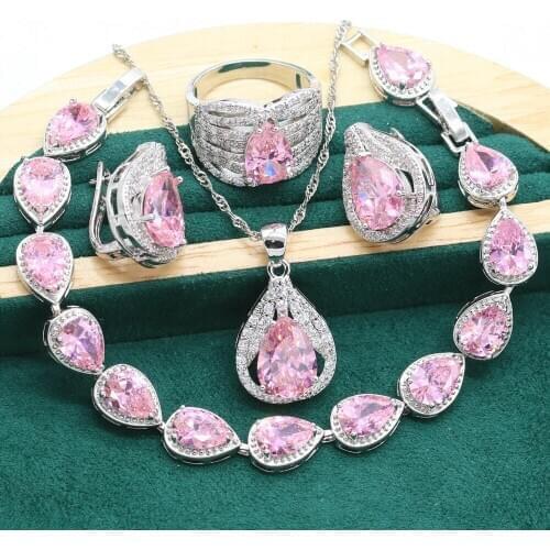 925 Sterling Silver Jewelry Sets For Women Green Blue Pink Zircon Bracelet Ear Clip Earrings Necklace pendant Ring Free Gift Box