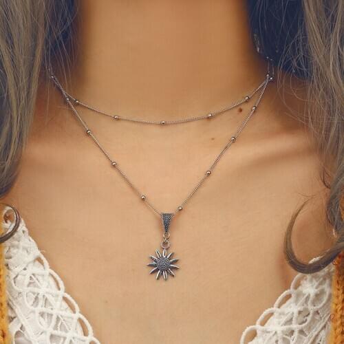 2020 Women Necklace Sunflower Jewelry Long Double Layered Necklace O-chain Cute Pendant Necklace for Women