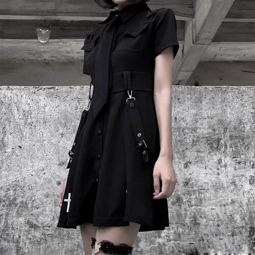 Lady Adjustable Buck Strap Cross Printed Punk Empire Cool Streetwear Mini Tie Shirt Dresses Dark Gothic Women Cargo Dress 2021