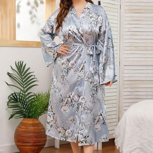 Big Size Womens Print Robe Gown XL-4XL Spring Autumn Full Sleeve Lounge Bathrobe Sexy V-Neck Sleepwear Faux Silk Long Home Dress