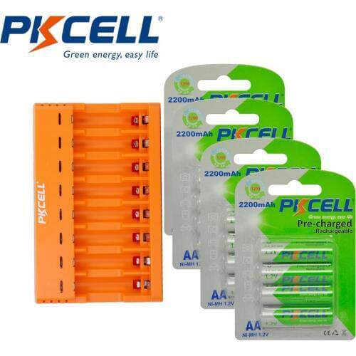 16Pcs/4Pack PKCELL 2200mAh NIMH 1.2V AA Rechargeable Battery For camera with 8-solt Battery-charger for NIMH/NICD AA/AAA
