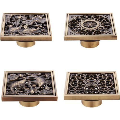 Antique Brass Floor Drain Shower Drain Square Kitchen Waste Drain Strainer Art Carved Euro Bathroom Deodorant Drain Waste Grate