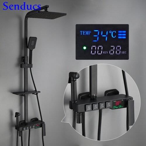 Digital Shower Set Senducs Rainfall Shower Head High Pressure Bathroom Shower System Black Bronze Thermostatic Bath Shower Set