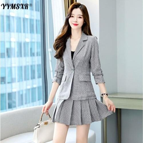 Elegant Womens Suit Short Skirt Two-piece Set 2021 Spring and Autumn Slim Long Sleeve Ladies Jacket + High Waist Pleated Skirt