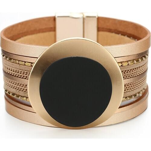 Kirykle Boho Leather Bracelet for Women 2020 Circle Matte Metal Board Charm Wide Bracelet Female Jewelry