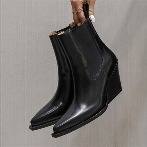 Fashion Women Chelsea Boots Patent Leather Pointed Toe Short Booties Ladies Autumn Wedge Shoes Woman Botas Mujer Wedges