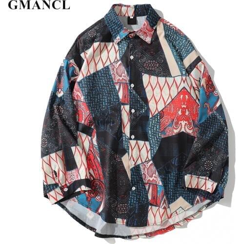 GMANCL New Men personality Geometry Patchwork Loose Long Sleeve Shirts Fashion printed Hip hop Mens Curved hem Casual Shirts