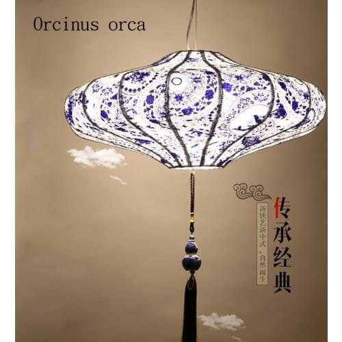 The new Chinese wind Zen of blue and white chandelier restaurant living room Southeast Asia lantern cloth chandelier