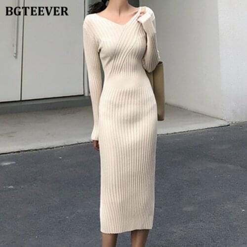 BGTEEVER Autumn Winter V-neck Women Knitted Midi Dress Long Sleeve Ladies Bodycon Sweater Dresses Elegant Vestidos Femme 2021