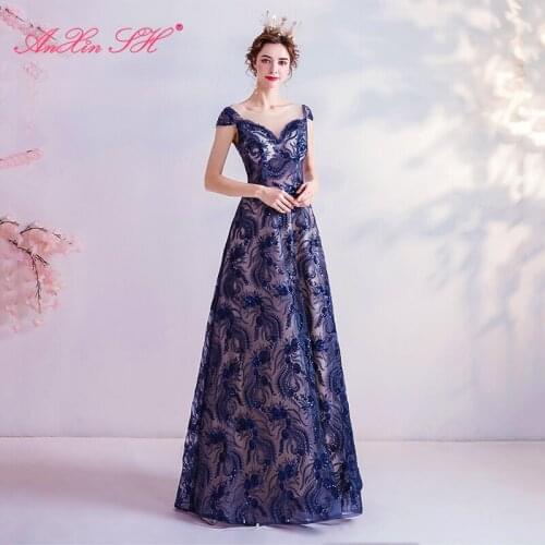 AXJFU luxury princess o neck beading crystal evening dress sexy sleeveless blue flower lace illusion sparkly evening dress 2326