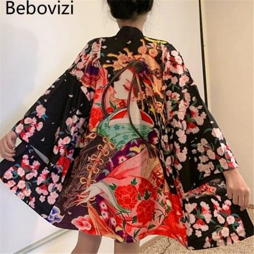 Bebovizi Anime Geisha Print Shirt Cosplay Japanese Cardigan Kimono Harajuku Women Black Yukata Traditional Casual Haori Clothing