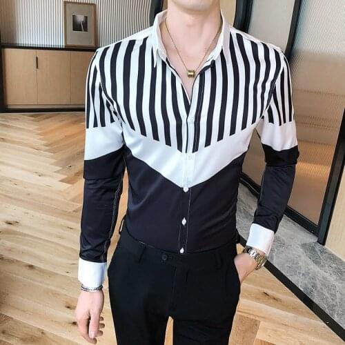 Stitching Slim Shirt for Men Business Formal Dress Striped Shirts Camisa Masculina Long Sleeve Casual Social Streetwear Clothing