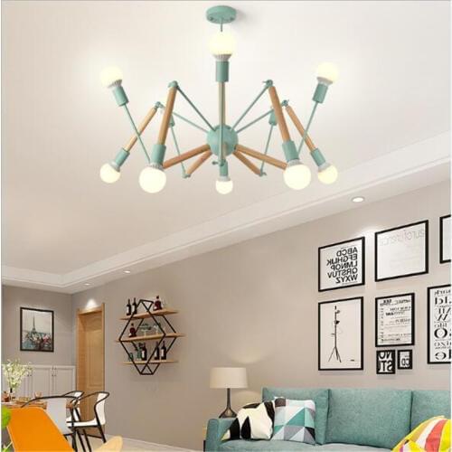 Modern Nordic Spider Iron Wooden Led Pendant Light for Foyer Bedroom 6/8/10/12 Heads Illuminare Suspension Lamp 1763