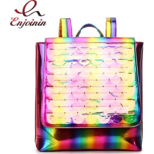 Trendy Fashion PVC Fish Scales Laser Gradient Colors Ladies Zippered Casual Backpacks Young Girls School Backpack Travel Bags