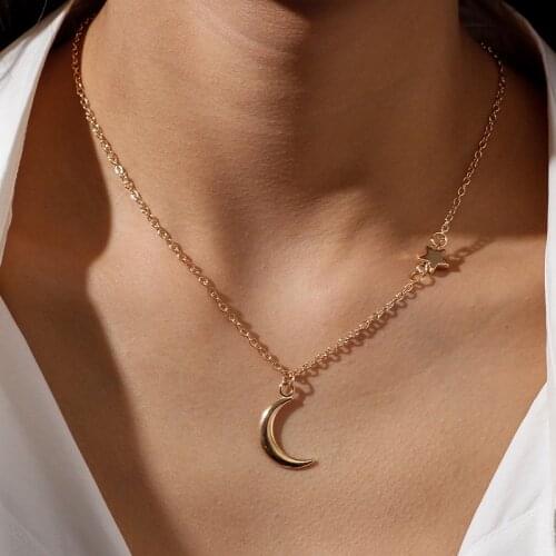 Korean Crescent Moon Necklaces for Women Simple Style Gold Silver Color Asymmetric Star Chain Necklace Trendy Jewelry Gifts