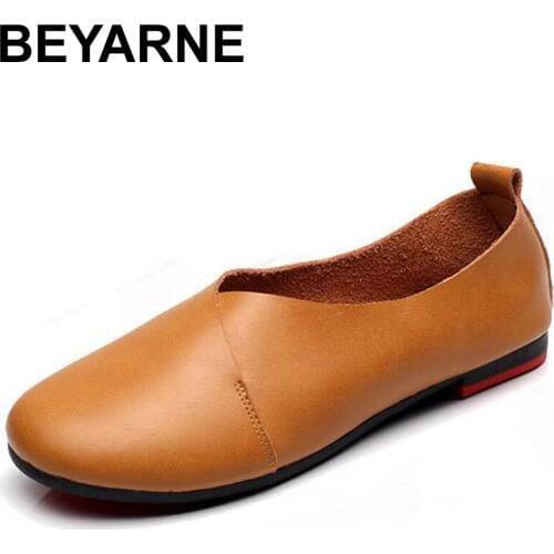 BEYARNE Genuine Leather Flat Shoes Woman Hand-sewn Leather Loafers Cowhide Flexible Spring Casual Shoes Women Flats Women Shoes