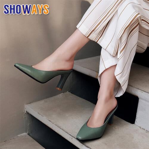 Big Size Women Mules Black Yellow PU Chunky High Heel Shallow Pumps Slip-on Square Toe Slippers Casual Summer Lady Brand Sandals