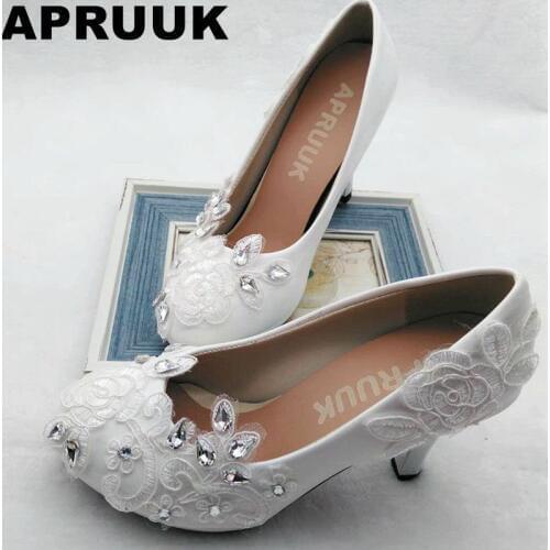 Plus size lace wedding shoes bride crystal rhinestones low high heels handmade female bridal shoes lady party lace shoes