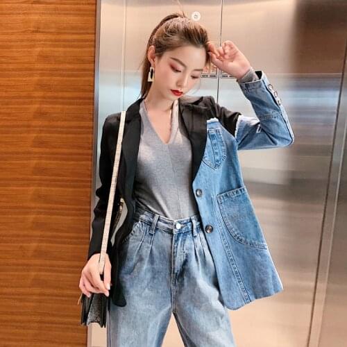 HIGH STREET 2020 Newest Stylish Designer Jacket Womens Slim Fitting Lion Button Denim Patchwork Blazer