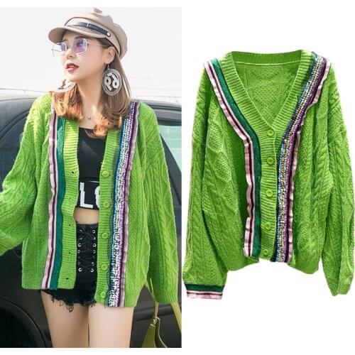 Women Ribbed Knitted oversized cardigan 2020 Streetwear Sequins Female Sweater Autumn Winter Tops Long Sleeve Buttons Outwear