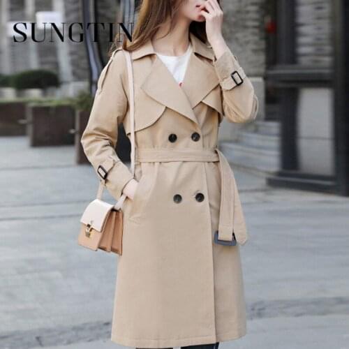 Sungtin Vintage Double Breasted Oversized Trench Coat for Women with Belt Korean Office Female Coats Lapel Loose Outwear 2021