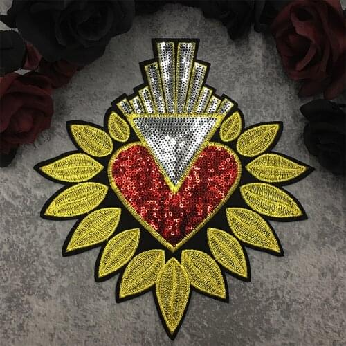 Golden Embroidery Heart Big Handmade Sequin for Clothes Badges DIY Iron on Patches Decoration Dresses Applique Accessories