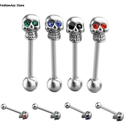 1Pc 4 Colors Barbell Piercing Body Jewelry 316L Stainless Steel CZ Gem Punk Skull Tongue Ring for Women Fashion Jewelry
