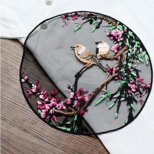 1 PCS Big Round Black Mesh Bird Flower Embroidered Patch Sew On Appliques Patches for Clothes Cheongsam Wedding Dress Accessory