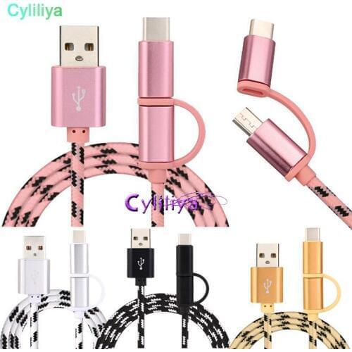 100pcs Type C and Micro USB 2 in 1 metal braided Type-C Cable Fast Charge 2A Data Sync for LG G5 S8