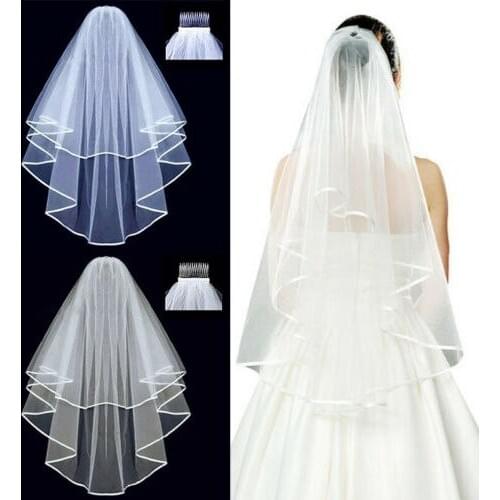 2 Layer Bridal Satin Veil Wedding Veils Elbow Length With Comb For Bride White