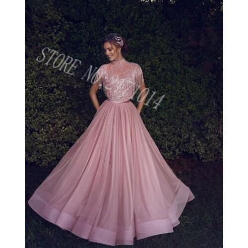 2020 New Hot Custom Made Elegant Dusty Pink Luxury Beading Tassel High Neck Short Sleeve Sequins Tulle A Line Prom Dress