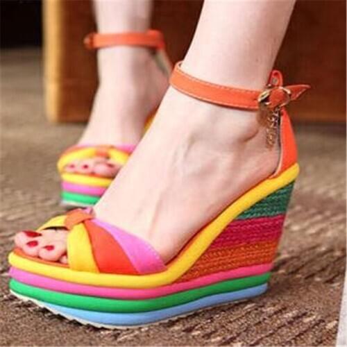 WDHKUN 2020 New Summer Sexy Bohemia Casual Rainbow Peep Toe Platform Sandals For Womens Wedges Sandalias Plataforma Shoes High