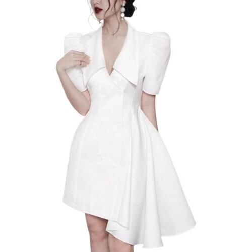 2021 New Summer Elegant V-neck White Dress Women Birthday Outfits Fashion Asymmetrical Party Dresses Female Robe Vestidos