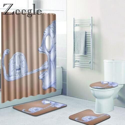 Zeegle 4pcs Bathroom Mat Set Creative Bathroom Shower Curtain Set Polyester Pedestal Rug Lid Toilet Cover Bath Accessories