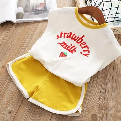 Childrens Casual T-shirt Shorts Set Girls Print Tank Top Shorts Two-piece Set Baby Summer Clothes Cotton 2set