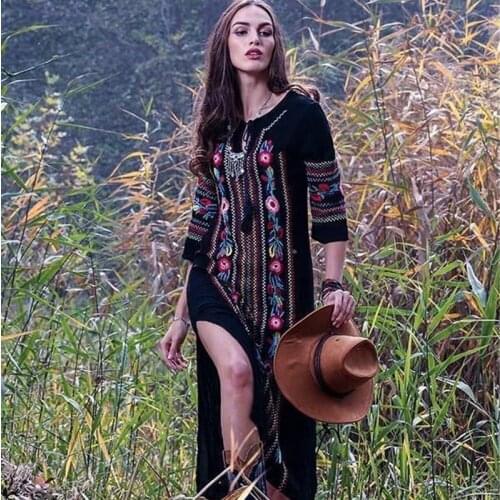 Gypsy girl Midi Dress Delicate Embroidery Floral Straight Long Dress Retro Fashion Loose Shape Short Sleeve Tribe Slit skirt New