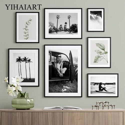 Tropical Palm Tree Picture Black White Wall Art Canvas Print Poster Seascape Beach Girl Surfboard Painting Landscape Home Decor