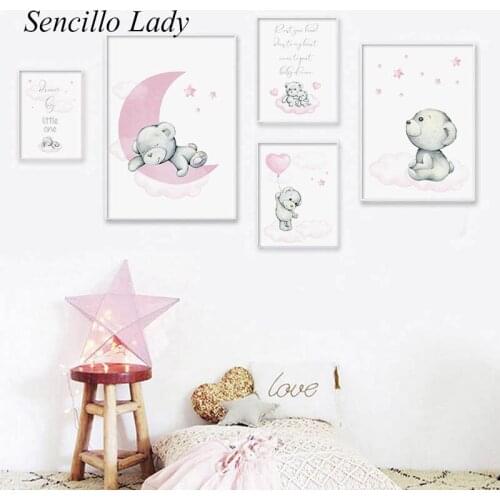 Kawaii Bear Moon Nursery Quotes Painting Cartoon Animal Child Painting Canvas Print Baby Room Wall Art Picture Bedroom Decor