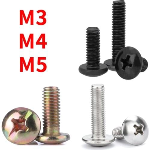 M3 M4 M5 Phillips Corss Recessed Truss Big Head Machine Screw Threaded Round Mushroom Head Bolt Black Steel/304/Color zinc