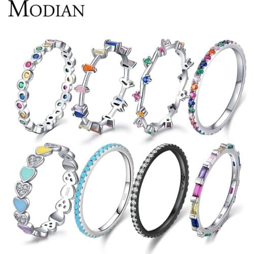 Modian 12 Style Authentic 925 Sterling Silver Rainbow Colorful Fashion Stackable Finger Ring For Women Grils Statement Jewelry