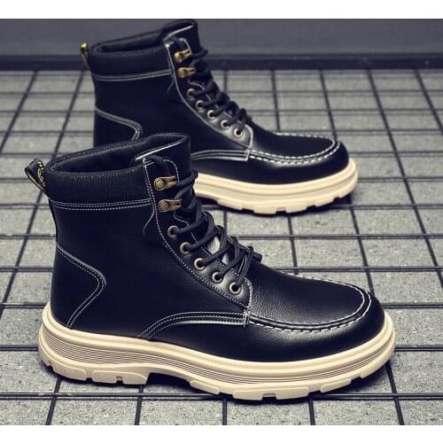 Mens Autumn Winter Leather FaceThick Bottom Middle Tube Lace Up Tooling Boots Fashionable Anti-skid Soft Bottom Casual Shoes