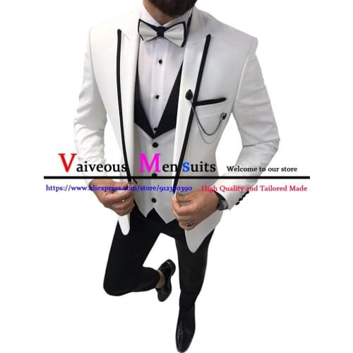 Mens Suit Fashion Formal Slim Fit 3 Pieces White Blazers Black Pants Mens Tuxedo Wedding Men Suits Groom Suit Terno Masculino