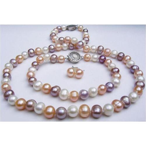 Set of 9-10mm south sea round multicolor pearl necklace &bracelet &earring KKK