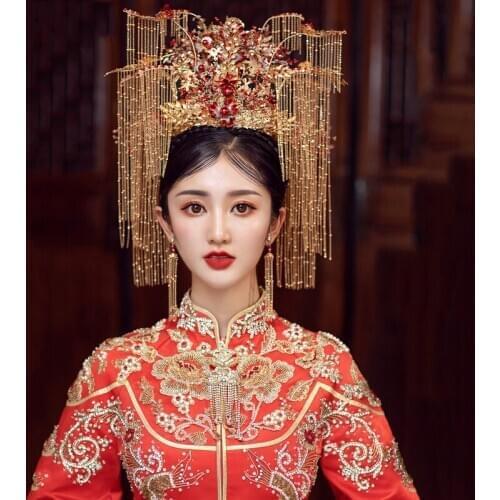 NiuShuya New Style Bridal Headwear Luxury Chinese Big Phoenix Hair Crown Large stage Hair Accessories