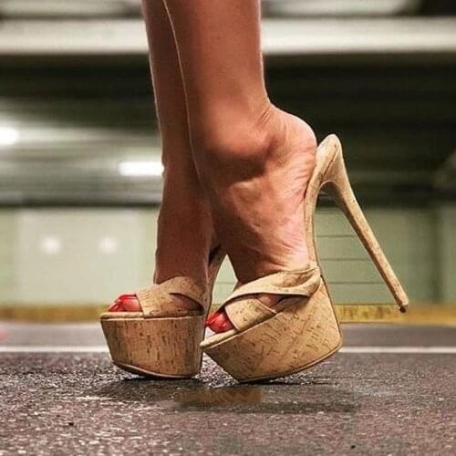 Cork Super High Thin heels Slippers Platform Women Outside Stilettos Laides Shoes Casual Mature Concise Large Size 14 16 Shofoo