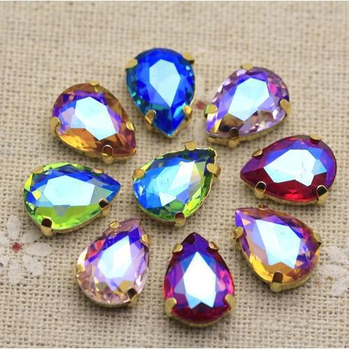 Mix AB color Waterdrop shape sew on Rhinestone with Gold base Rhineestone applique with holes Flatback crystal strass DIY cloth