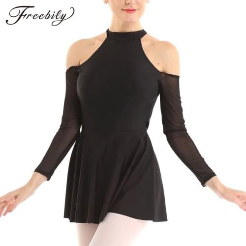 Women Cutout Off Shoulder Long Sleeves Mesh Splice Ballet Lyrical Dance Costumes Gymnastics Leotard Figure Skating Dress
