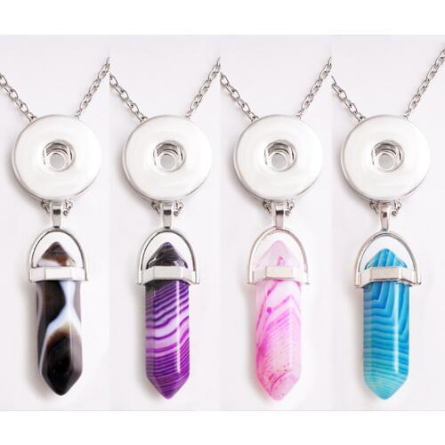 Y08 Natural Stone 18mm snap button jewelry Hexagonal crystal Column Quartz necklace & pendants For Women