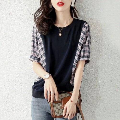 Summer Women Fashion Splice Lattice Shirts Woemn Elegant Short Sleeve O-Neck Blouses Loose Ladies Blusas Tops MM1077