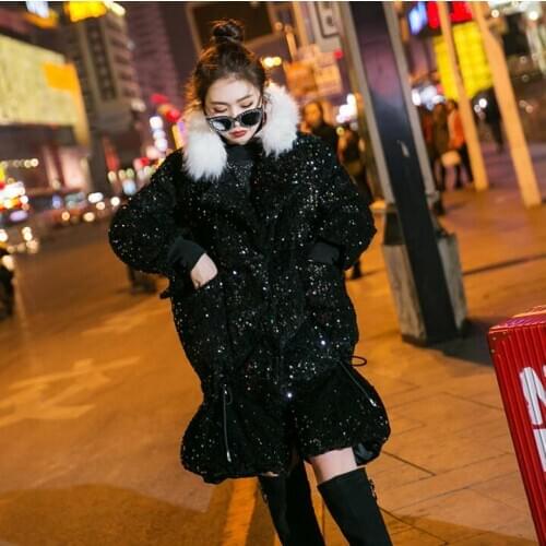 Cotton clothing female 2020 winter new fashion sequins fox fur collar hem drawstring cotton jacket in the long singer nightclub